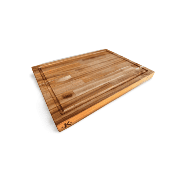 Front angle view of an Acacia cutting board from the Culinary Series Collection, size 12x18 inches, featuring a smooth surface with a beautifully integrated juice groove and the JK logo engraved on the edge.