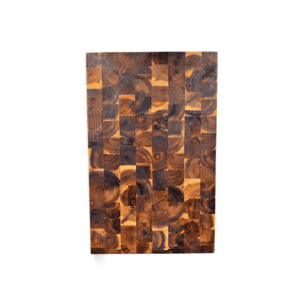 Top-down view of an Acacia end-grain cutting board from the Pro Chef Series, displaying the intricate and beautiful end-grain pattern.