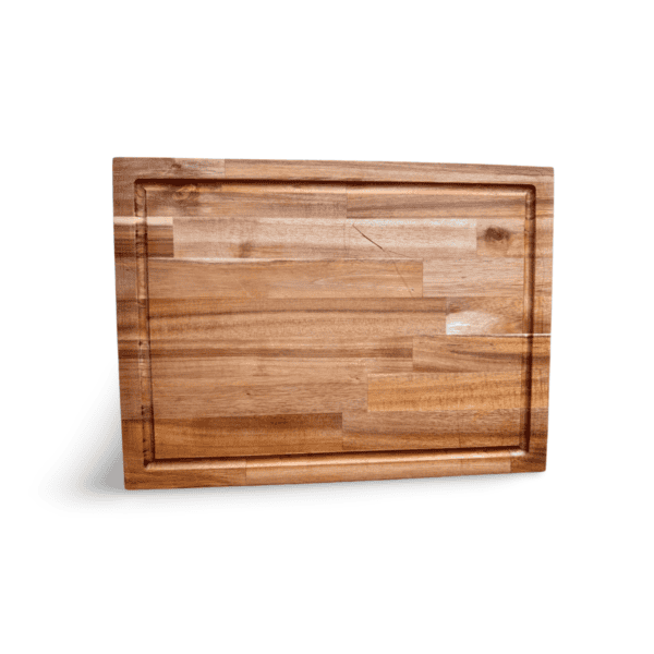 Top-down view of an Acacia cutting board from the Culinary Series Collection, size 12x18 inches, featuring a smooth surface with a beautifully integrated juice groove and the natural wood grain prominently displayed.